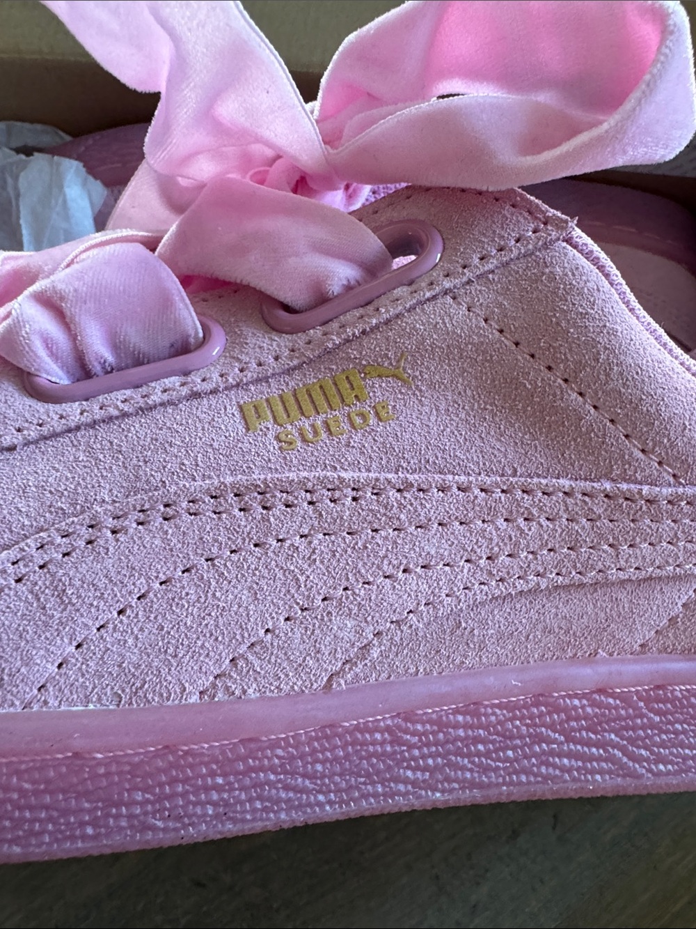 Puma Suede Heart Satin Bow Sneakers in Light Pink - Picture 3 of 6